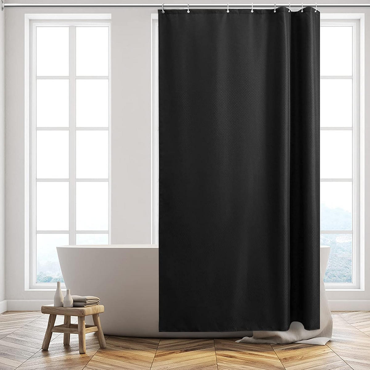 DUSCHVORHANG schimmelresistent Stoff dick klein Polyester Waffelstruktur Schwarz für Badewanne mit Haken 180 x 200 cm - Schwarz, Textil (200/180cm) - MCBOSON