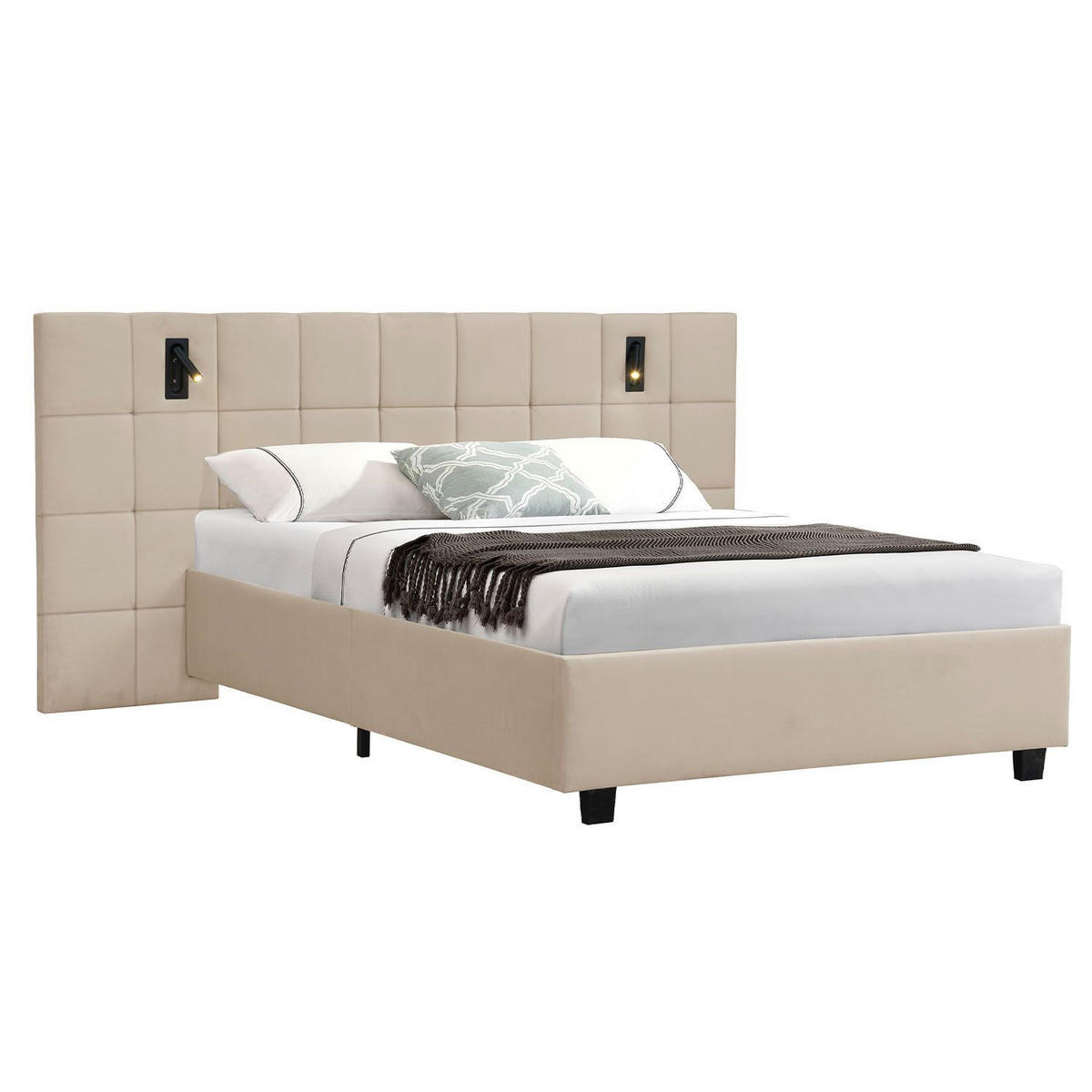 POLSTERBETT Luzano Beige Samt mit Leselicht und Matratze - Beige, Holz (140/200cm) - Juskys