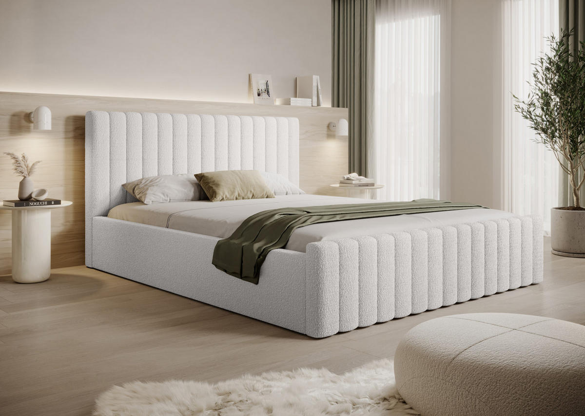 POLSTERBETT Safi 180x200 Creme (Abriamo 4 – Bouclé) - Weiß, Holz/Textil (180/200cm) - Fedve