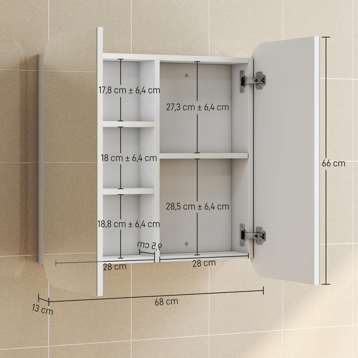 SPIEGELSCHRANK DE-15187 gewölbte Form mit verstellbarem Einlegeboden Weiß - Weiß, Holzwerkstoff (68/66/13cm) - ComfortXL