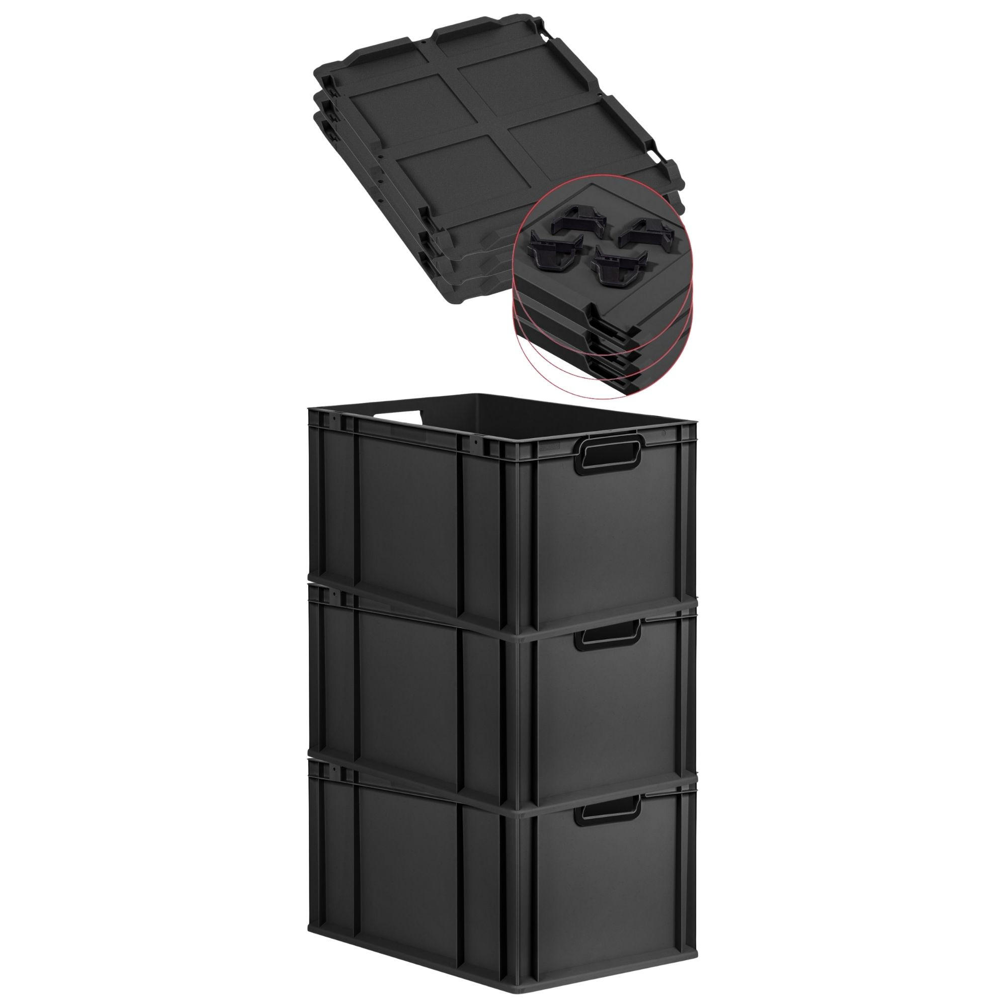 EUROBOX 3x NextGen Color mit Auflagedeckel 32x40x60 cm 65 Liter Schwarz Griffe schwarz offen - Anthrazit/Schwarz, Kunststoff (40/32/60cm) - PROREGAL