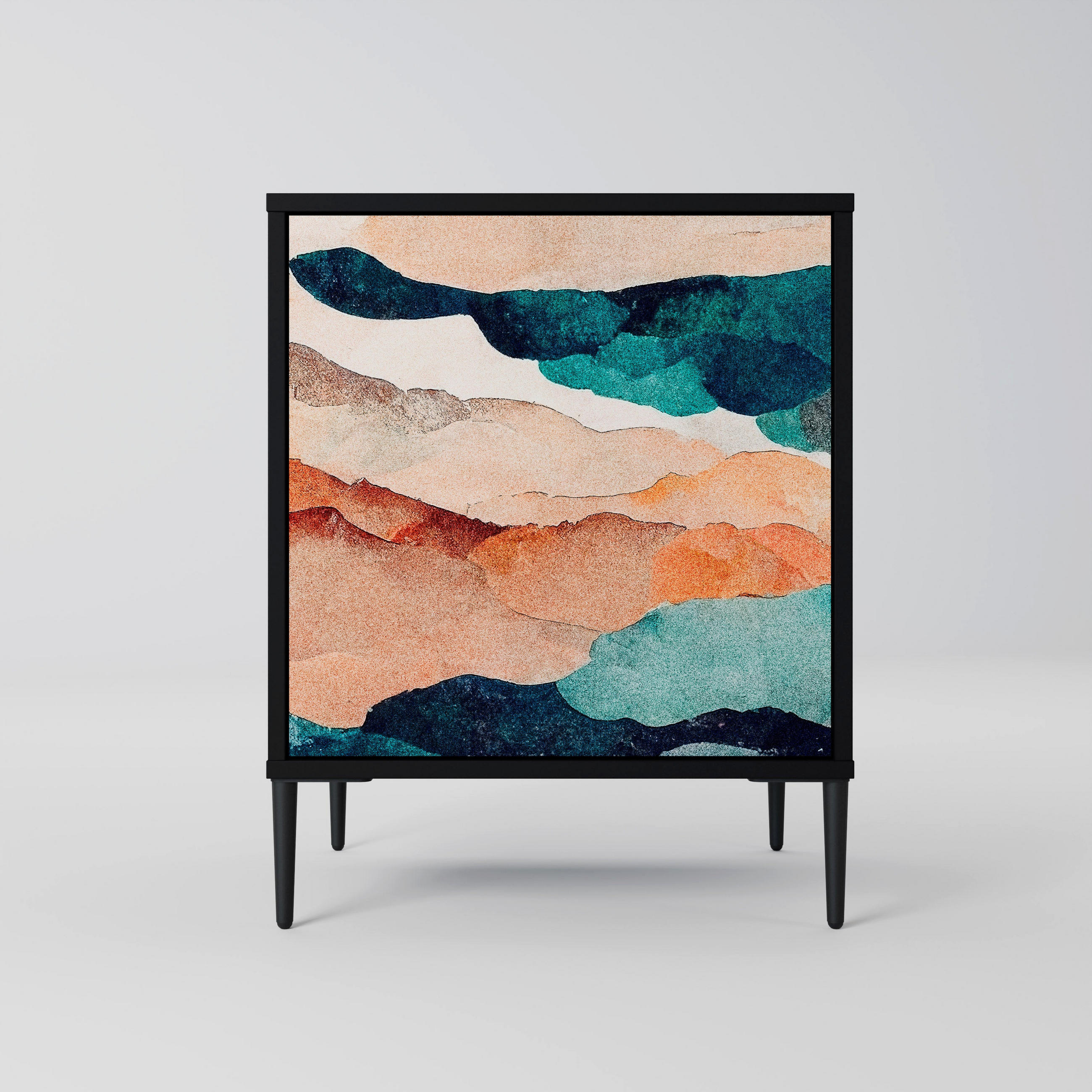 SIDEBOARD ABSTRACT LANDSCAPE, Schwarz, 57,5x42x72,5 cm, Schwarze Metallfüße - Multicolor/Schwarz, Holzwerkstoff/Metall (57.5/72.5/42cm) - SpaceRebels