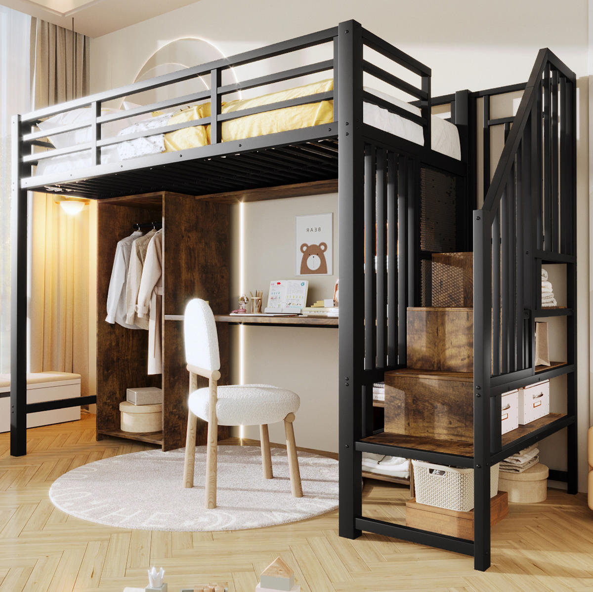 HOCHBETT 90/200 cm Schwarz aus Metall mit Stauraum und Schreibtisch - Schwarz, Metall (90/200cm) - OKMYHOME