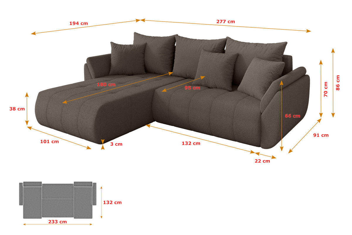 ROHOVÁ SEDAČKA s funkcí spaní, otoman vlevo TOKO-L 277x194x86 hnědá bouclé - černá/hnědá, kompozitní dřevo/textil (277/194cm) - ALTDECOR