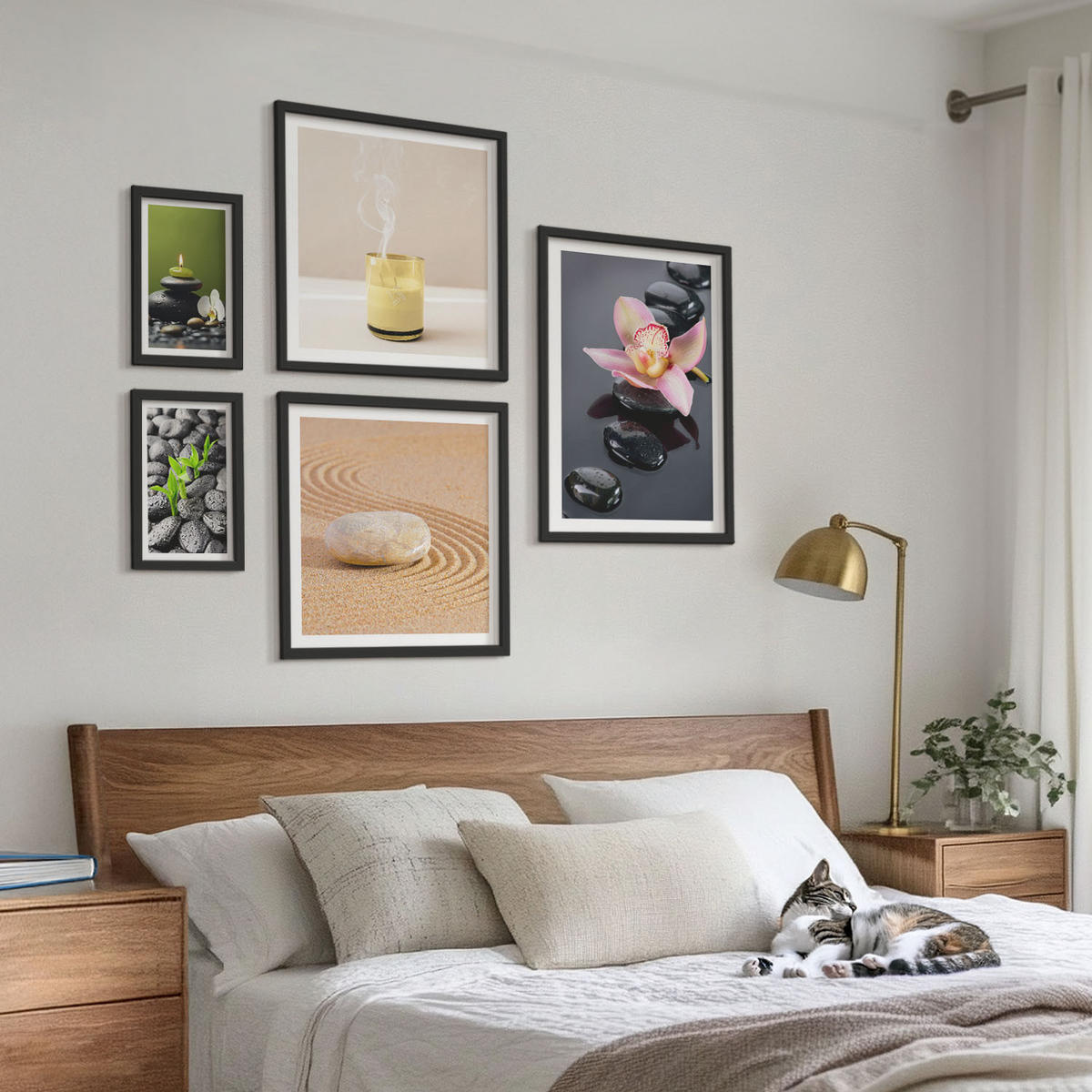 BILDER SET 5er Set - 50x50 cm & 20x30 cm & 40x60 cm Schwarzer Rahmen - Der Frieden der Natur mit Buddha - Schwarz, Kunststoff (40/60cm) - TULUP