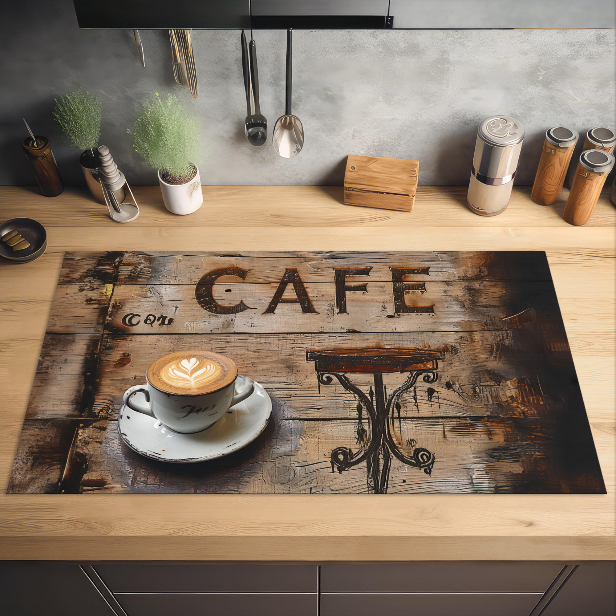 HERDABDECKPLATTE Cafe - Holz - Kaffee - Regale 91x52 cm - Schwarz, Kunststoff (91.2/0.2/52cm) - MuchoWow