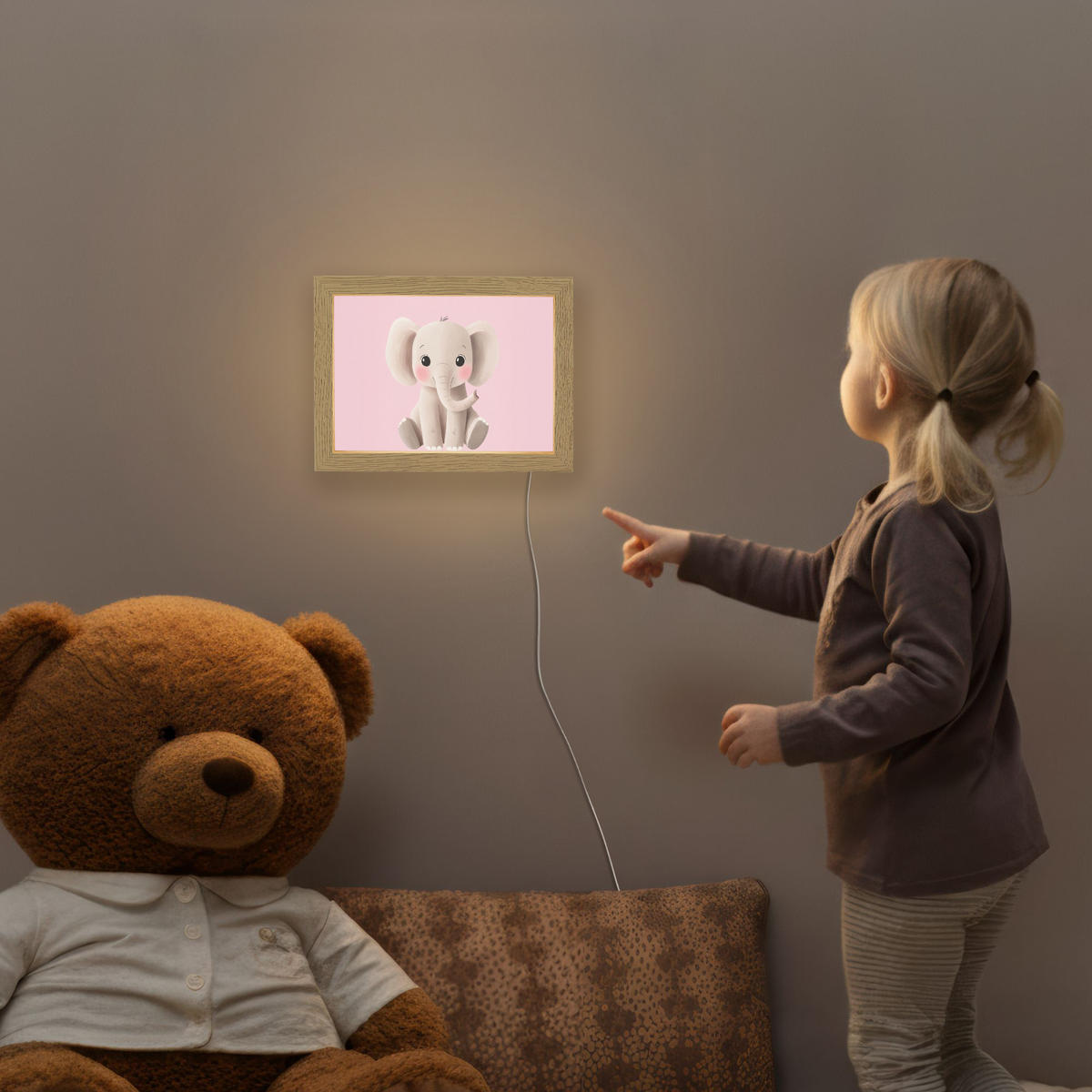 NACHTTISCHLAMPE Elefant - Baby - Rosa - Cartoon 20x15 cm - Rosa, Holzwerkstoff (8/20/15cm)