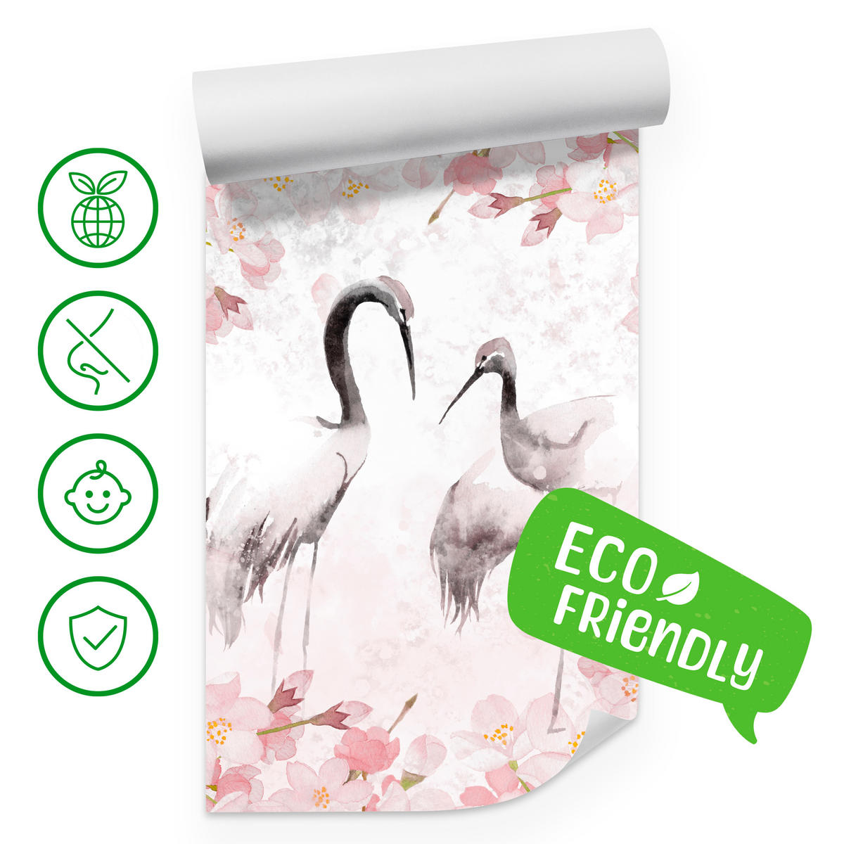 FOTOTAPETE für Schlafzimmer Kraniche Kirschblüten Aquarell Natur Rosa Vintage Blüten 150x105 - Beige/Rosa, Papier (150/105cm) - Muralo