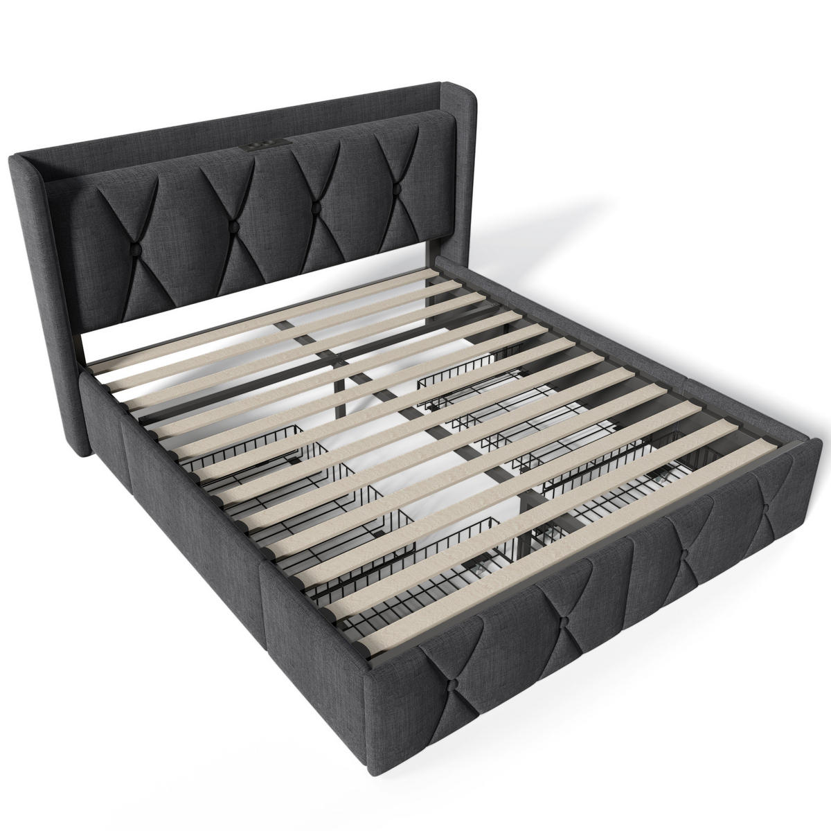 POLSTERBETT aus Leinen 140x200 cm in Grau mit 4 Schubladen & USB-Steckdosen - Grau, Textil (140/200cm) - Modfu