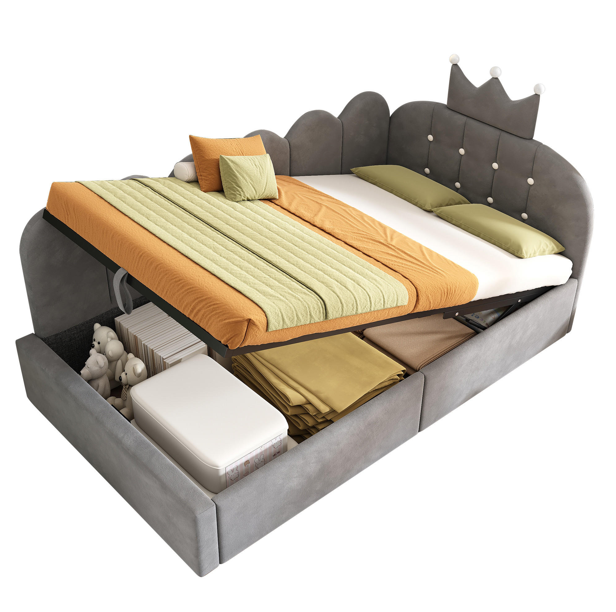 SAMT-POLSTERBETT 90/190 cm mit Bettkasten und gepolstertem Kopfteil - Grau, Textil (90/190cm) - BEAOK