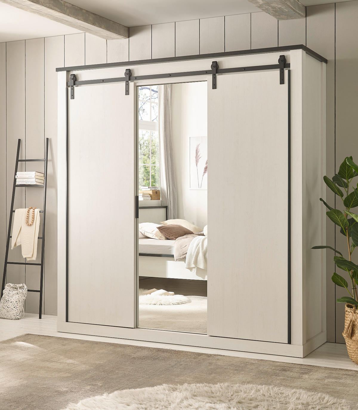 KLEIDERSCHRANK weiß Pinie, anthrazit Landhaus, Schiebetürenschrank 3-türig mit Spiegel 201 x 209 - Anthrazit/Weiß, Holzwerkstoff/Metall (201/209/63cm) - Furn.Design