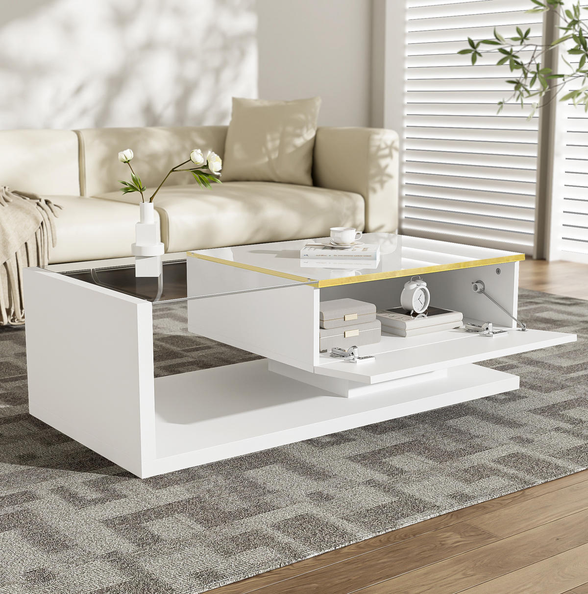 COUCHTISCH 100/50/32,5 cm in Weiß mit LED-Beleuchtung und Glasplatte - Weiß, Holzwerkstoff (100/50/32.5cm) - Flora Grace