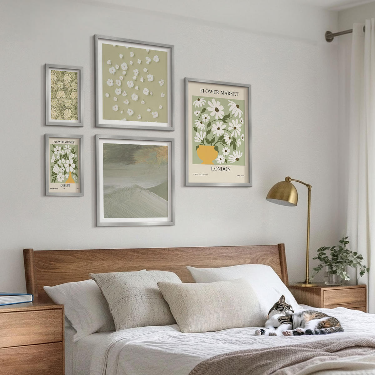 BILDER SET 5er Set - 50x50 cm & 20x30 cm & 40x60 cm Silberner Rahmen - Florale Abstraktionen im Boho-Stil - Silberfarben, Kunststoff (40/60cm) - TULUP