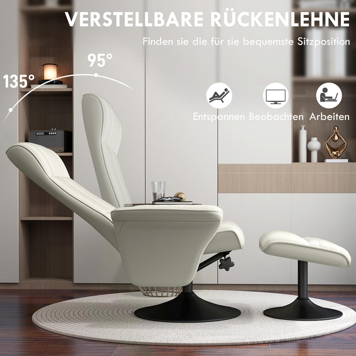 RELAXSESSEL mit Hocker Drehbarer Fernsehsessel mit Liegefunktion Mikrofasertuch - Creme/Schwarz, Textil/Metall (71/104/69cm) - HOMCOM