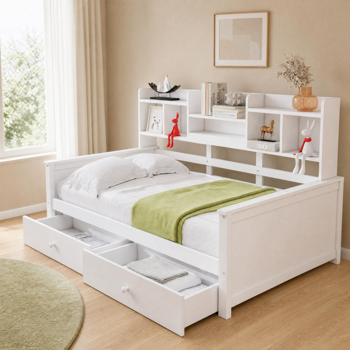 BETT 90/200 mit Schubladen, Regalen und Lattenrost in Weiß - Weiß, Holzwerkstoff/Metall (90/200cm) - EVRYAE
