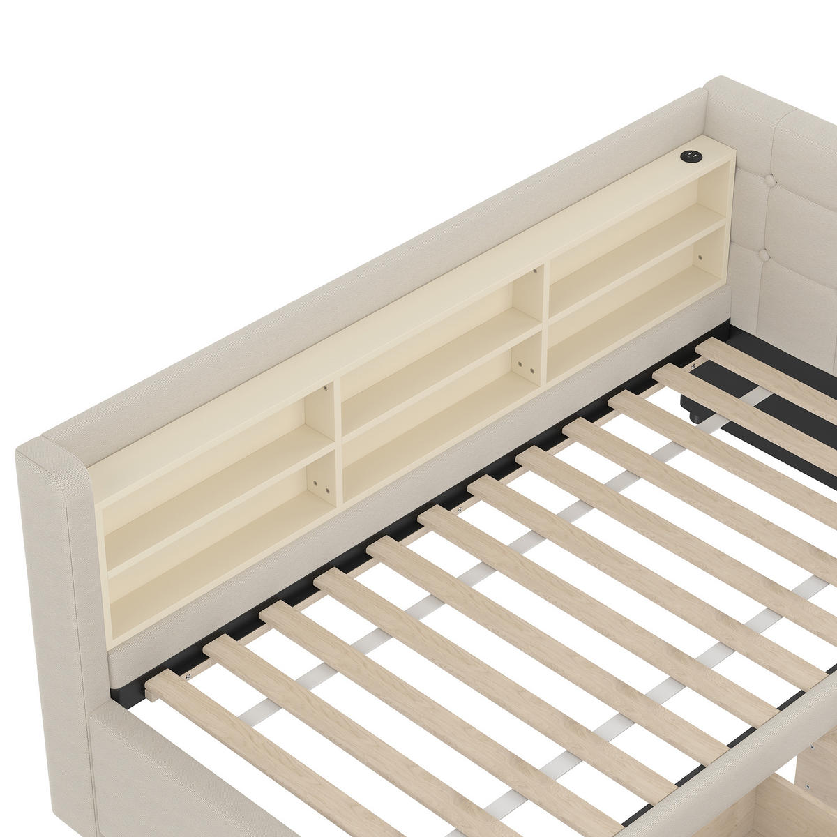 TAGEBETT 90x200cm Beige Leinen 2 Schubladen USB-C Ablagefächer - Beige, Holz (90/200cm) - FLIEKS