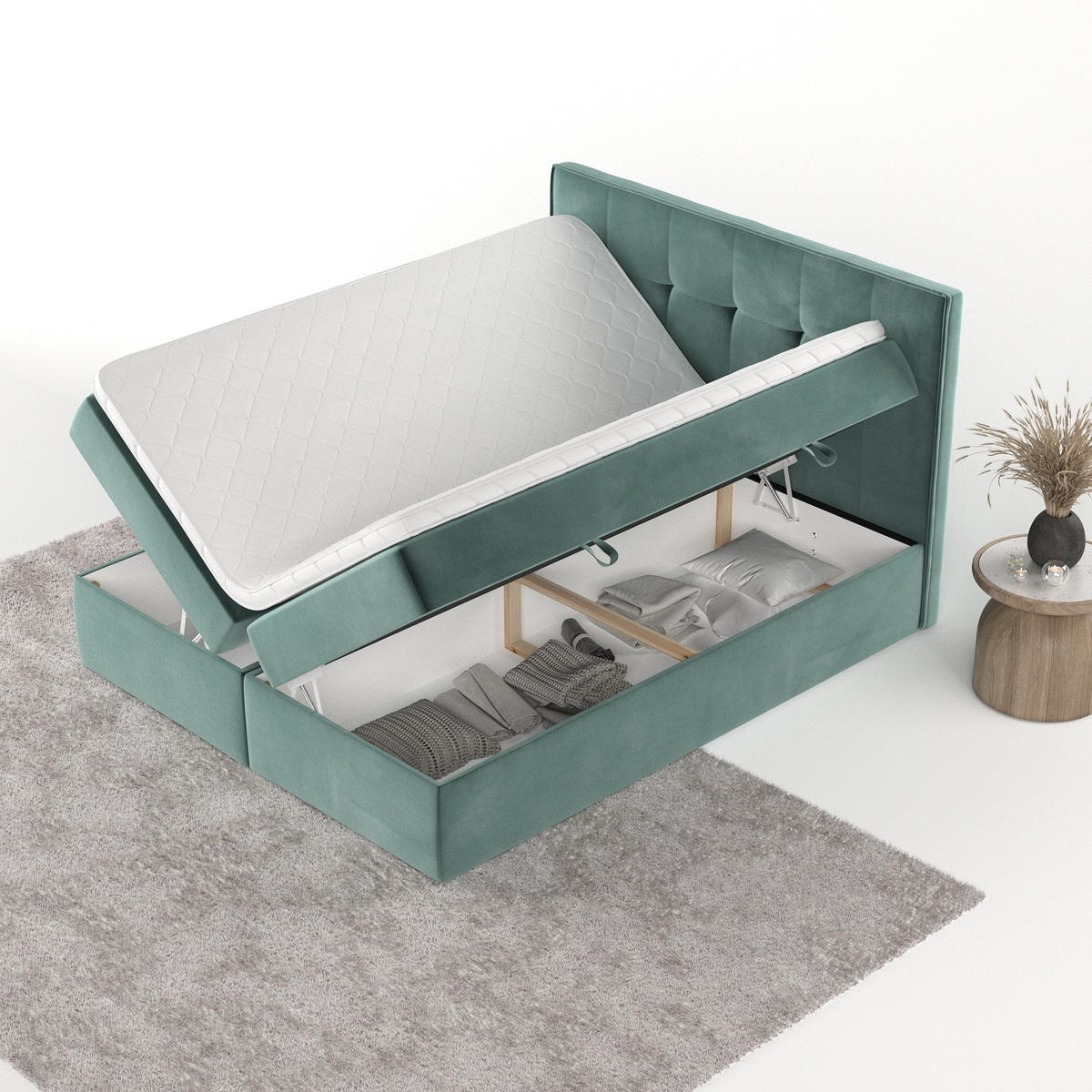 BOXBETT Mireo 140/200 cm Türkis im Kronos Stoff - Türkis/Schwarz, Holz/Holzwerkstoff (140/200cm) - AltaBeds