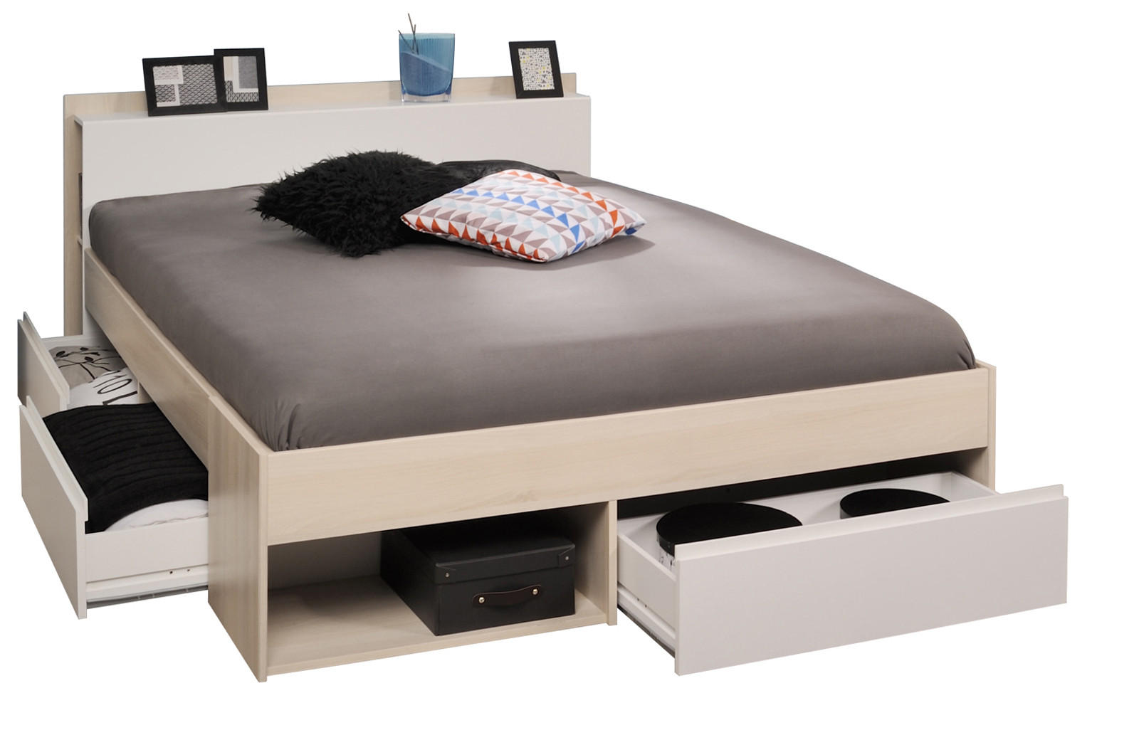 BETT mit Regal und 3 x Schubkasten Stauraumbett 160 x 200 cm - Weiß/Akaziefarben, Holz/Holzwerkstoff (160/200cm) - Parisot Meuble