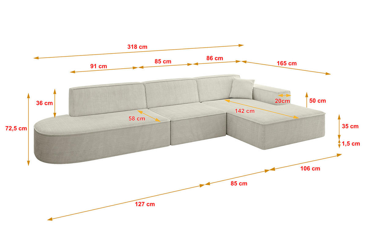 ECKSOFA Ottomane Rechts IREA-L2-v4 - 318x165x72,5 cm Hellgrau - Hellgrau, Holzwerkstoff/Textil (318/165cm) - ALTDECOR