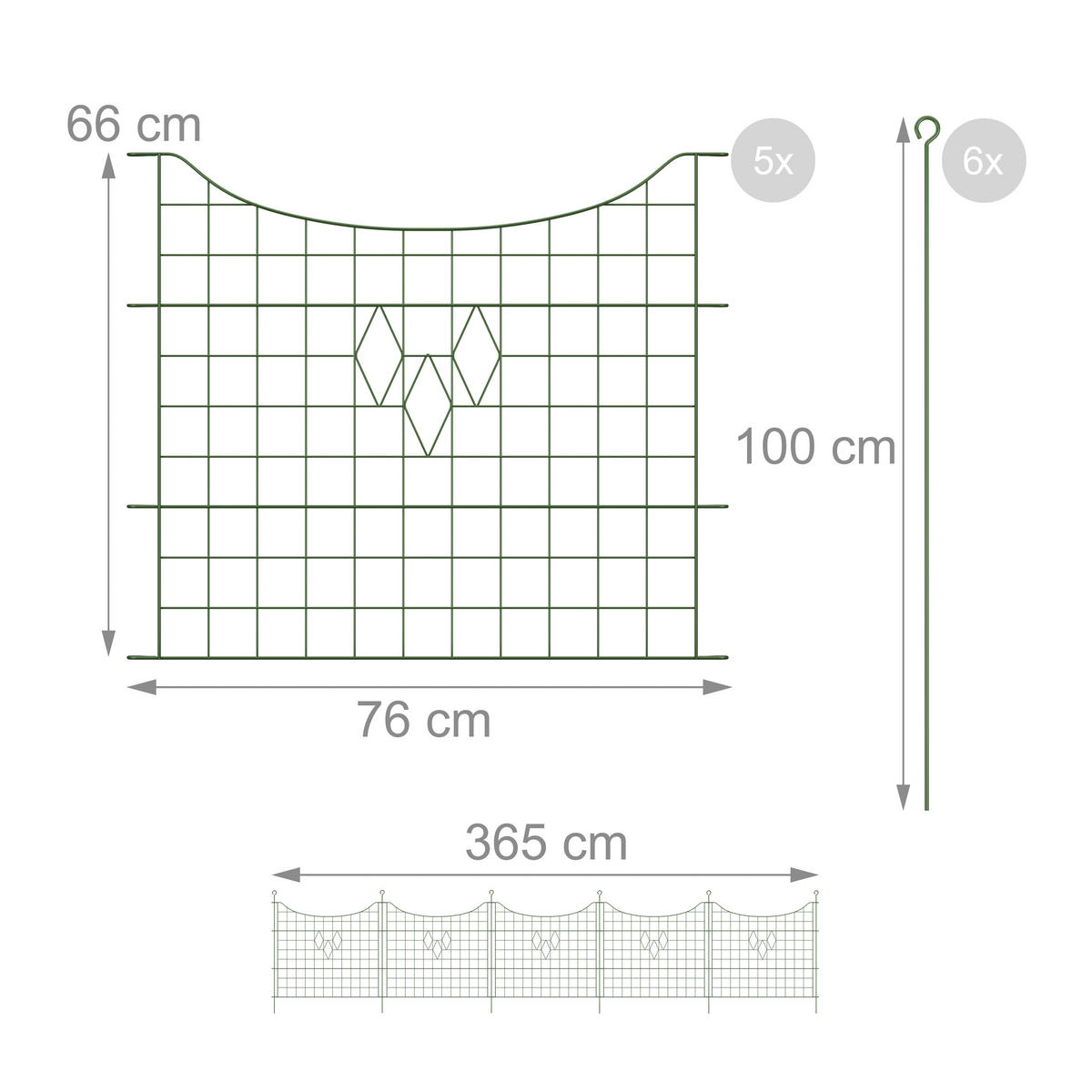 5xTEICHZAUN - Dunkelgrün, Metall (365/66cm) - Relaxdays