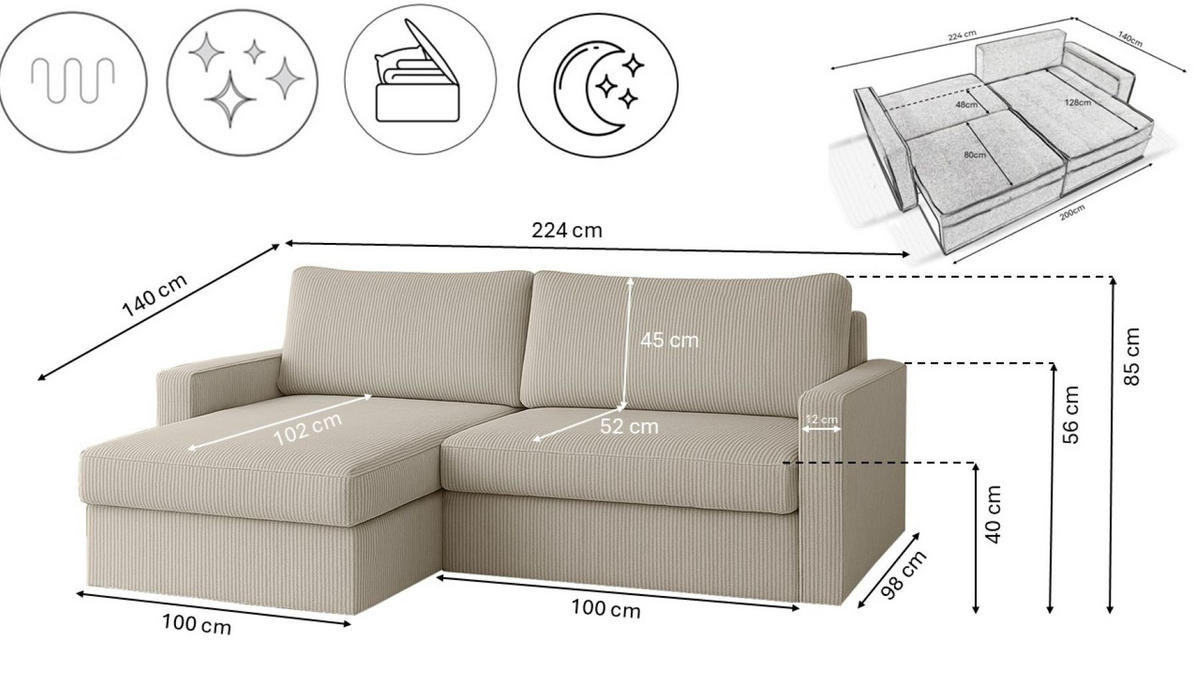 ECKSOFA Mit Schlaffunktion Und Bettzeugablage LUBEKA Stoff Poso Beige Links - Beige, Holz/Textil (140/147cm) - Kaiser Möbel