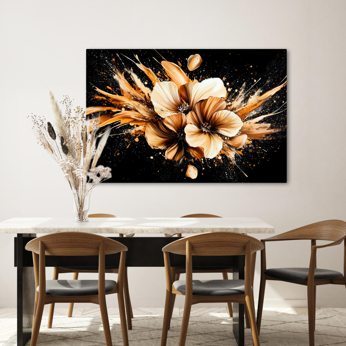 LEINWANDBILD Blumen - Gold - Graffiti - Schwarz - Abstrakt Wohnzimmer 120x80 cm - Cappuccino, Textil (120/80cm) - MuchoWow