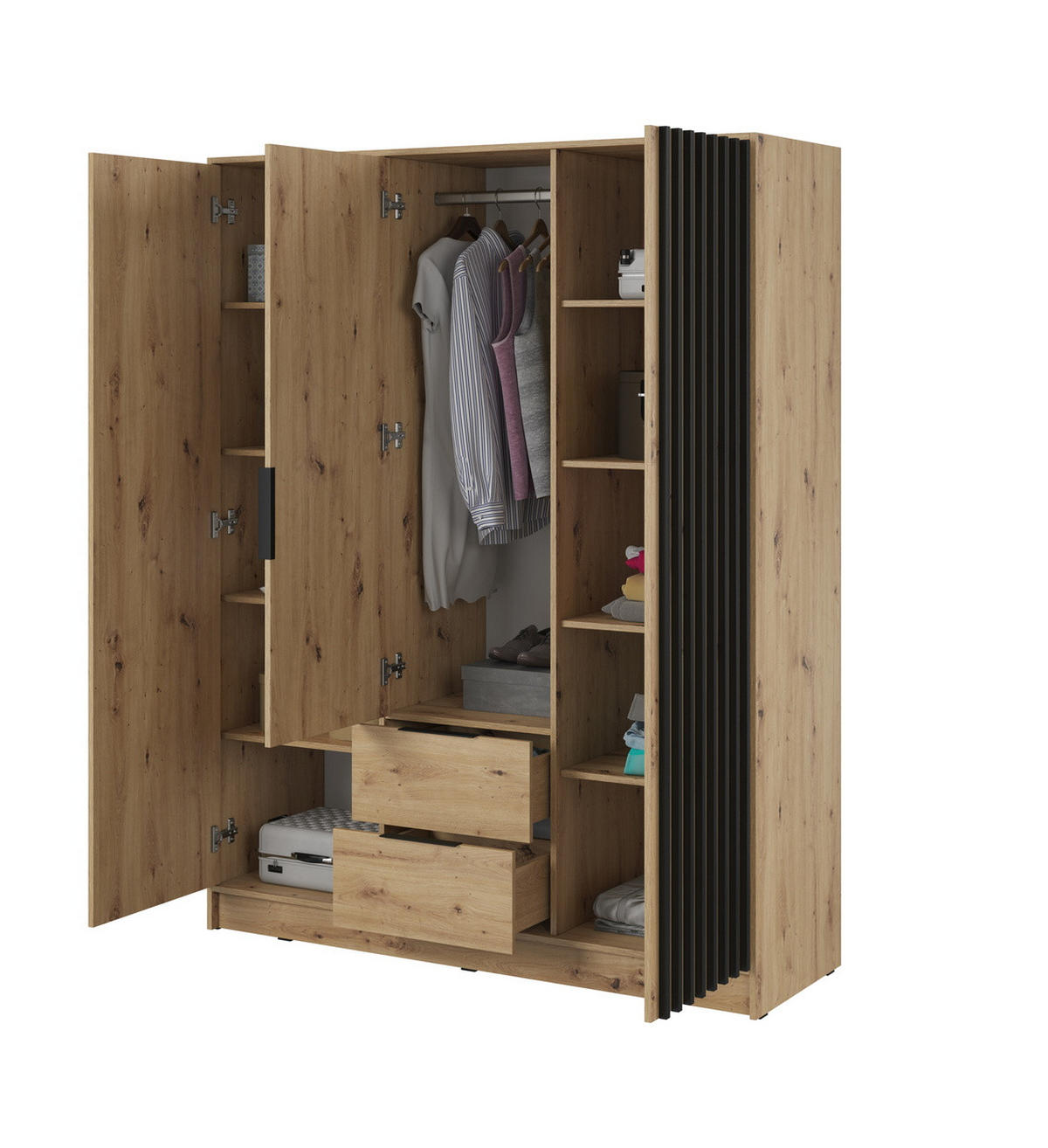 KLEIDERSCHRANK 150 cm Fioro - 3 Türen, Lamellen, Schubladen, Artisan Eiche - Eiche Artisan, Holz (155/200/51cm) - Emporius
