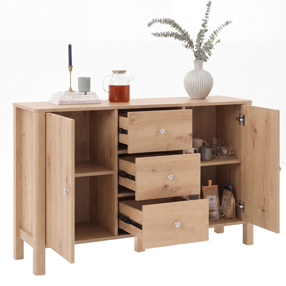SIDEBOARD DE-38869 120/40/80 cm 3 Schubladen und 2 Türen Eiche - Eichefarben, Holzwerkstoff (120/80/40cm) - ComfortXL