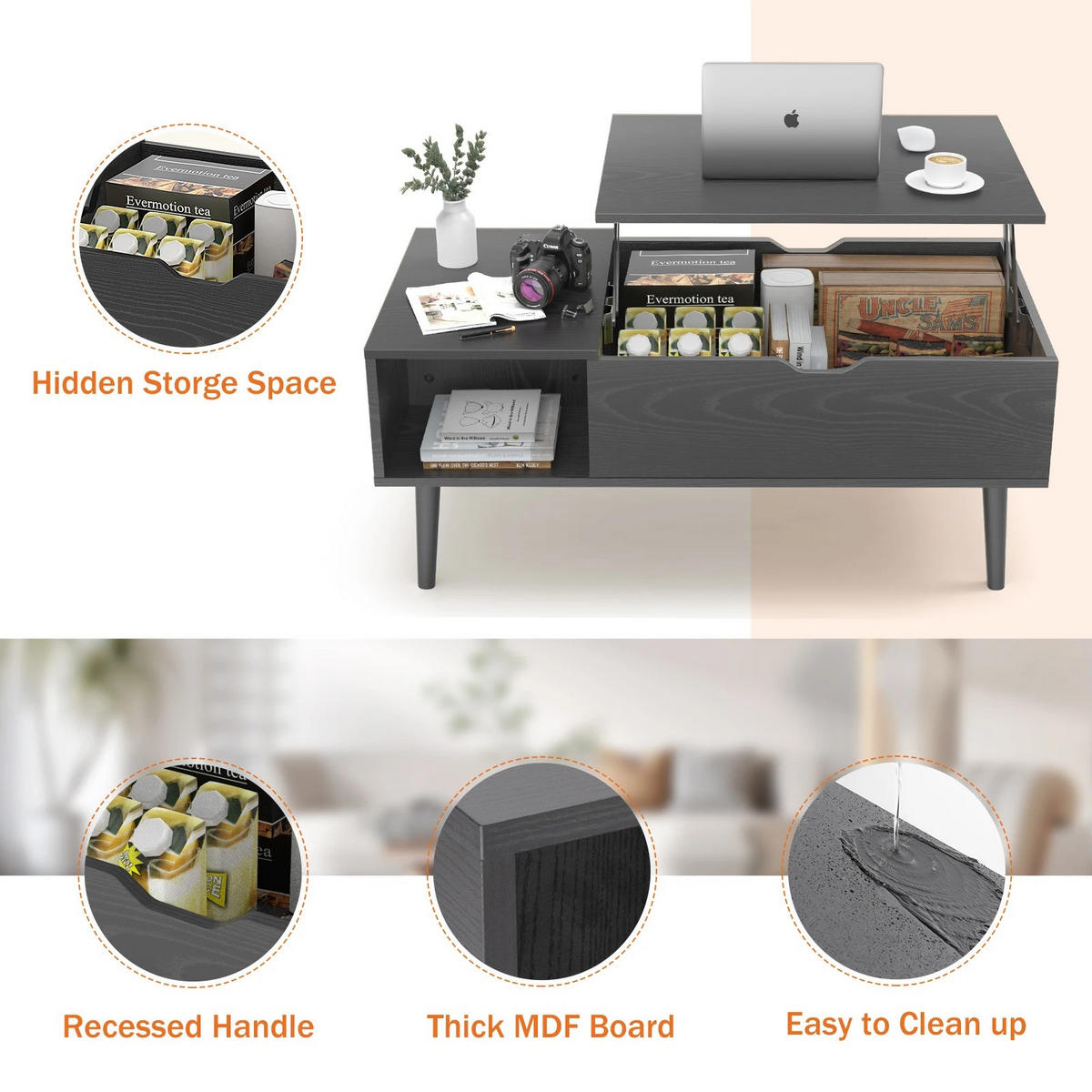 COUCHTISCH Lift-Top, Schwarz, modern, 39,37 x 19,7 cm - Schwarz, Holzwerkstoff (50/100/44.2cm) - Kaket