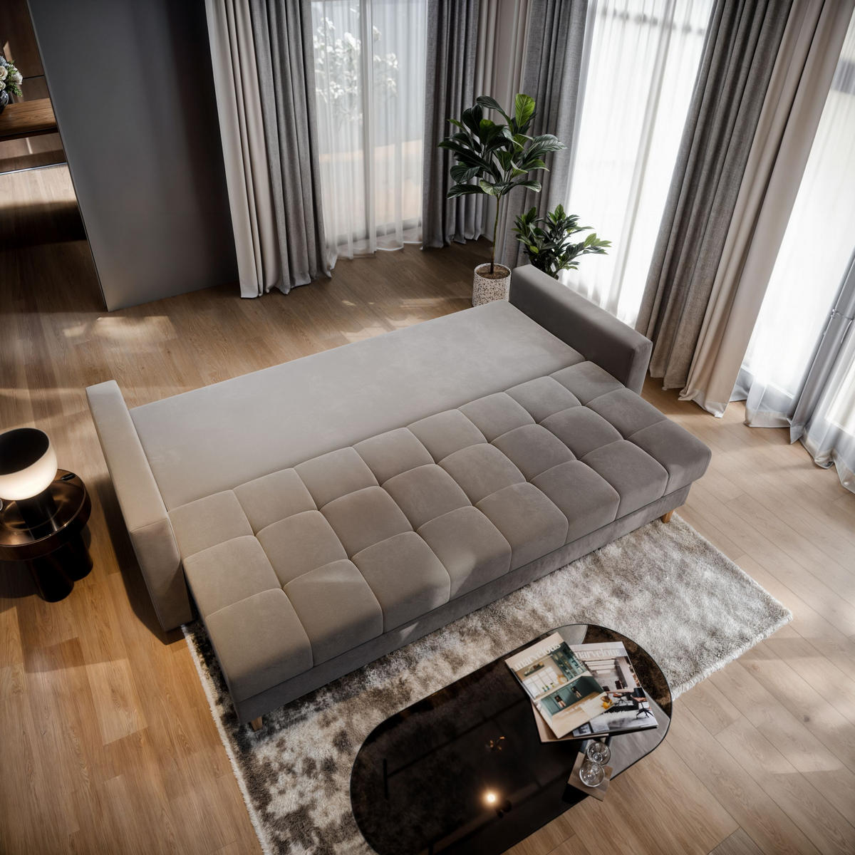 BETTSOFA MILO Schwarz Plüsch-Stoff mit Schlaffunktion - Schwarz, Textil (220/93/87cm) - MASSENO