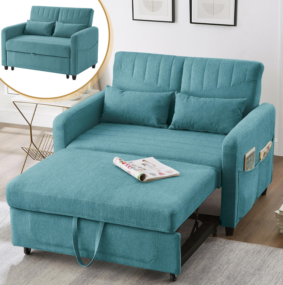 SCHLAFSOFA aus Baumwoll-Leinen-Stoff 166x95 cm Antik Blaugrün mit Ausziehfunktion, 3-fach verstellbarer Rückenlehne und 2 Kissen - Petrol, Kunststoff (114/82.5/77cm) - Modfu