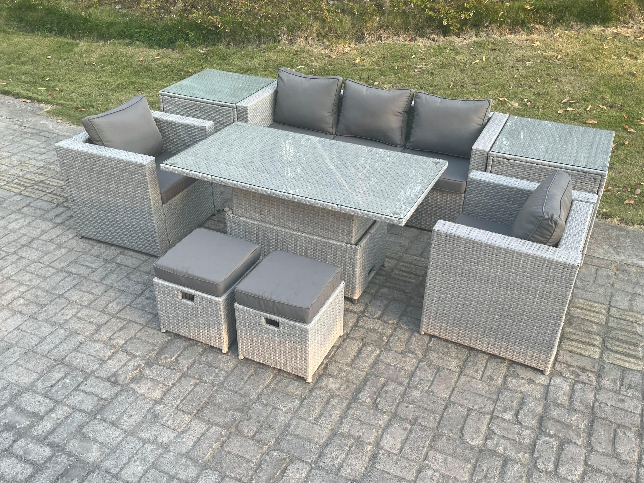 GARTENMÖBEL SET mit höhenverstellbarer Tisch Polyrattan Helles Grau 8-teilige - Hellgrau, Metall - Fimous