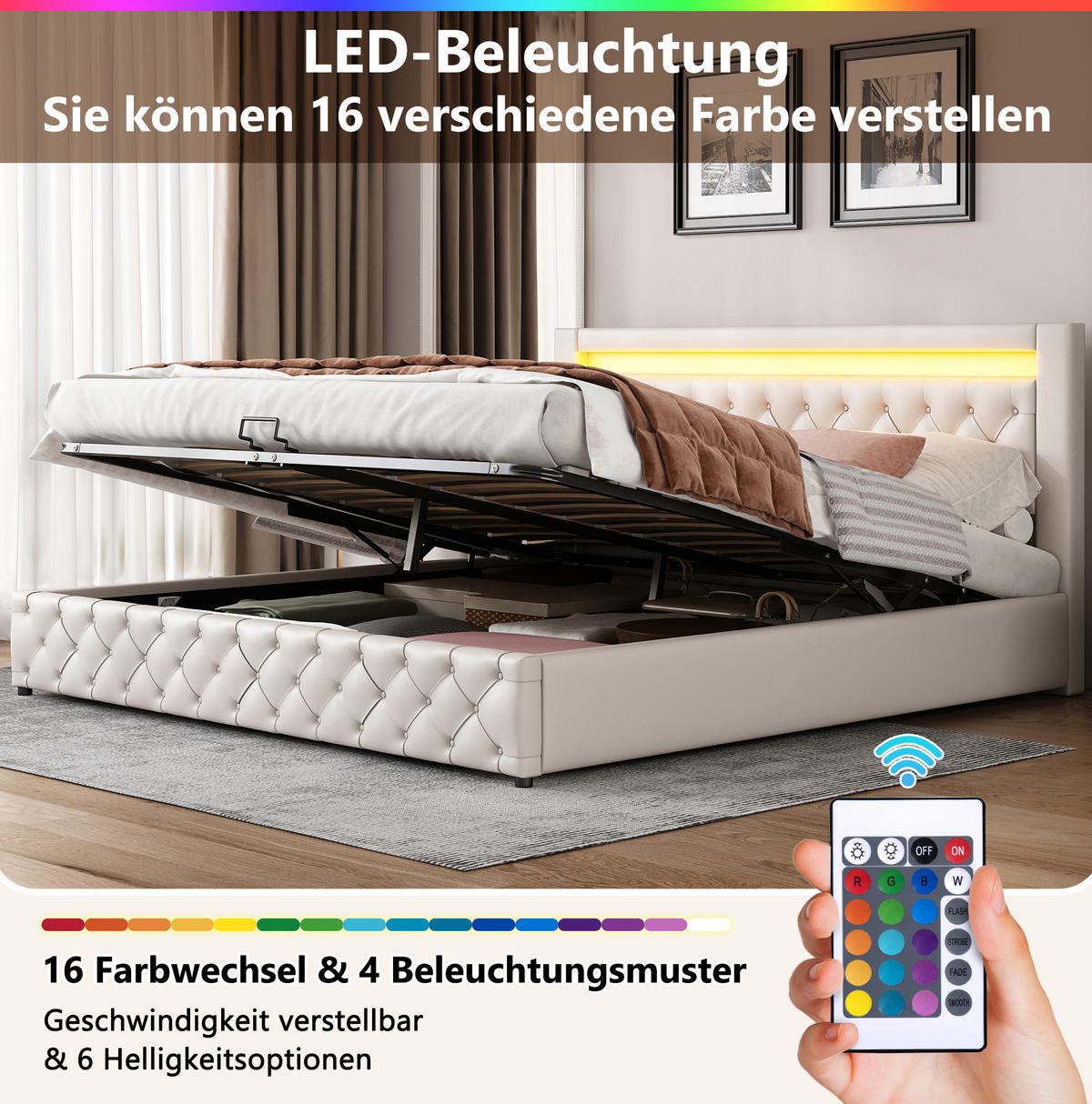 POLSTERBETT 180/200 cm Weiß aus PU mit LED-Beleuchtung und Stauraum - Weiß, Kunststoff (180/200cm) - OKMYHOME