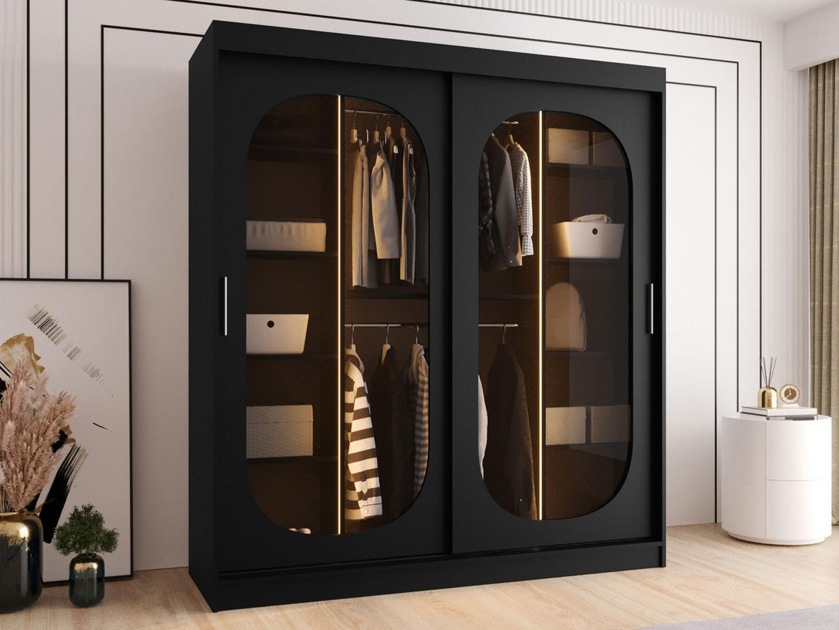SCHWEBETÜRENSCHRANK Bahrajn 180 mit LED Beleuchtung - Silberfarben/Schwarz, Holzwerkstoff/Kunststoff (180/200/62cm) - MIRJAN24
