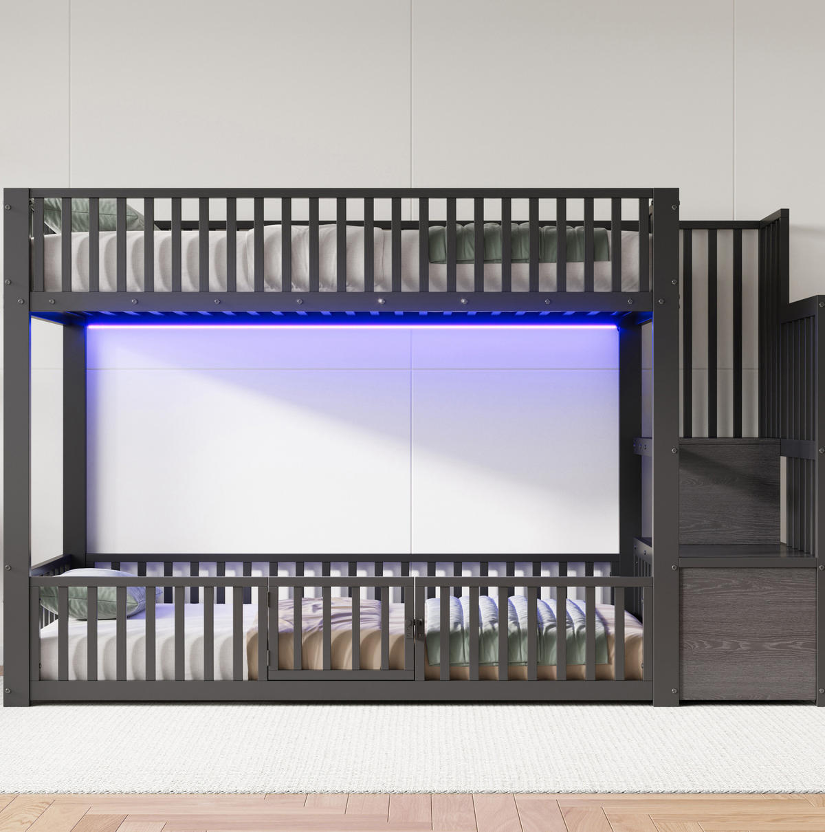 ETAGENBETT 90/200 cm mit LED-Beleuchtung, Stauraumleiter und Schutzgitter, Metall & MDF, Schwarz - Schwarz, Holzwerkstoff (90/200cm) - Redom