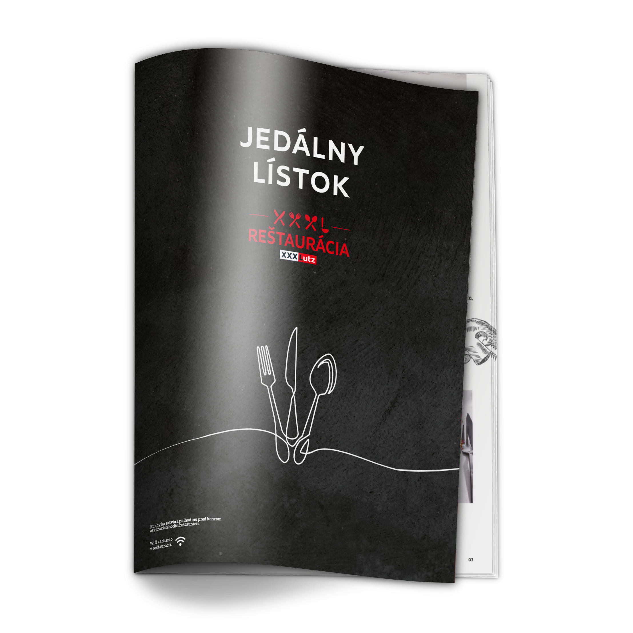 Jedálny lístok XXXLutz reštaurácia, logo XXXLutz a grafika biely príbor na čiernom podklade