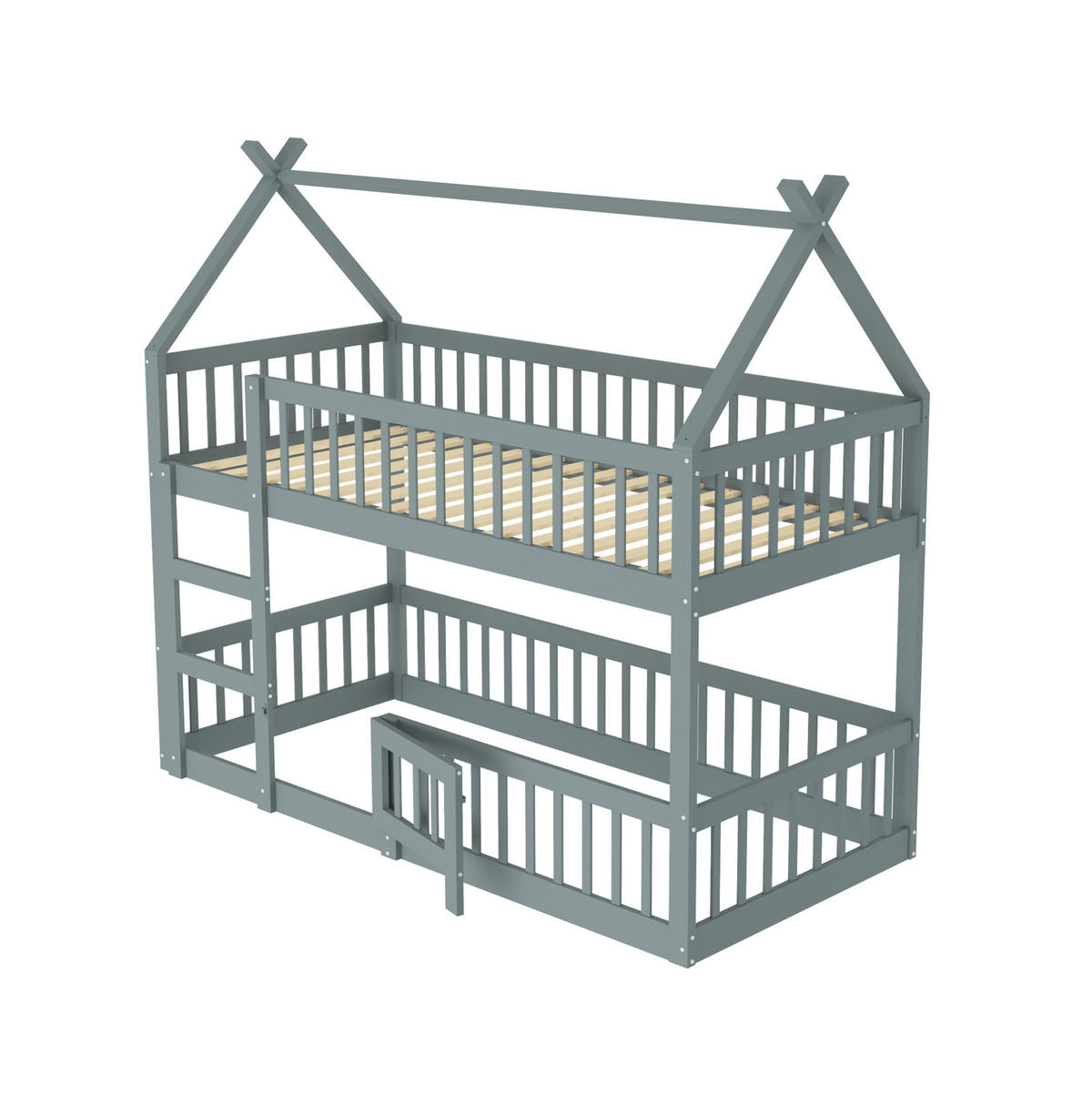 HAUSBETT 90/200 cm in Grau mit Treppe und Spielbereich - Grau, Holz (90/200cm) - Flora Grace