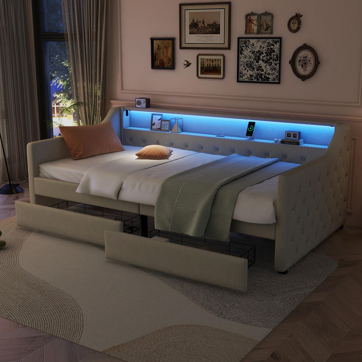 TAGEBETT 90x200cm Beige Leinen Ambientelicht 2 Schubladen USB - Beige, Holz (90/200cm) - FLIEKS