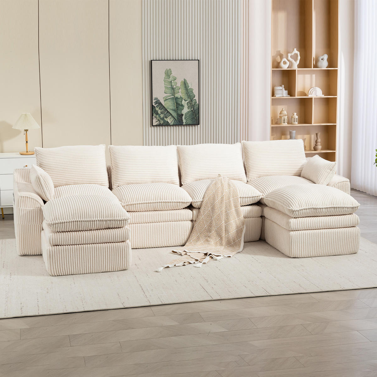 WOHNLANDSCHAFT Cord Beige mit Kissen, Hocker und Seitentaschen - Beige, Textil (335/85/167cm) - WISHDOR