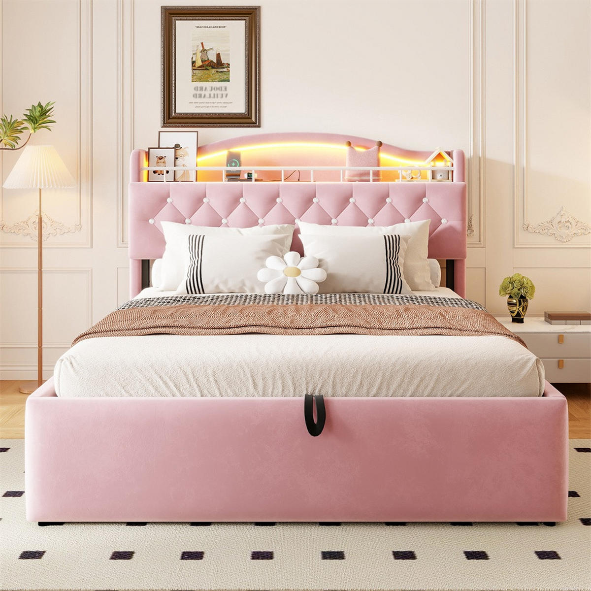 POLSTERBETT 140x200 cm mit hydraulischem Stauraum - LED Beleuchtung & Ladestation - Rosa - Ohne Matratze - Pink, Textil (140/200cm) - DELFA