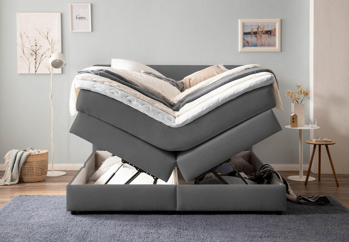 BOXSPRINGBETT LOFT 180x200 Anthrazit H2 und H3 mit Bettkasten 7-Zonen Taschenfederkern Matratze inkl. Visco Topper - Anthrazit, Textil (180/200cm) - Belanoti