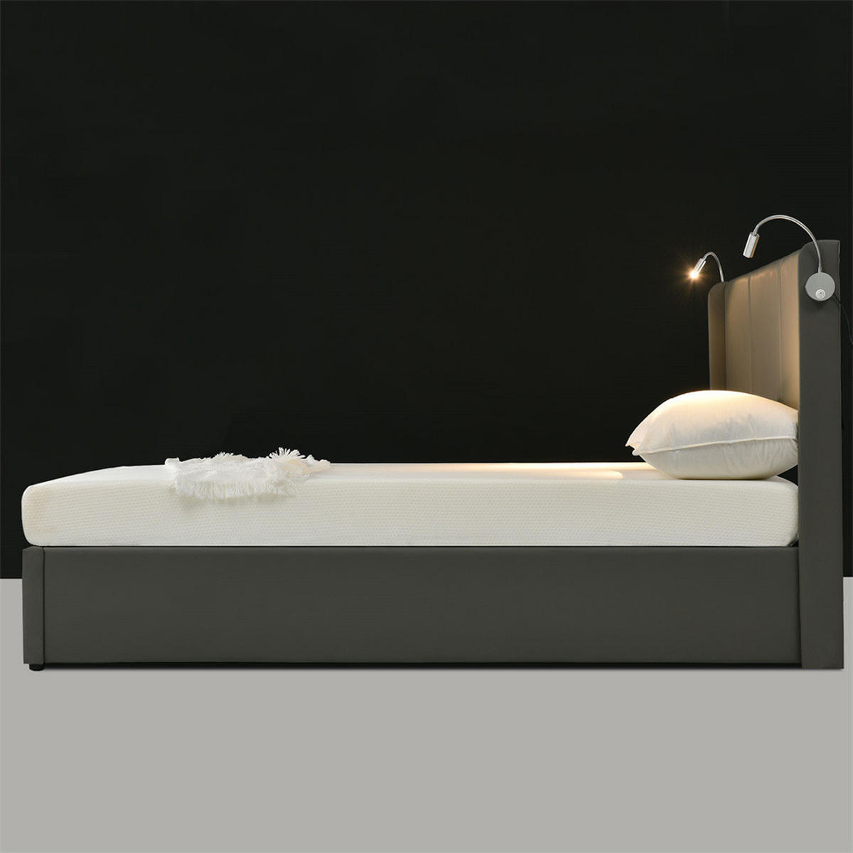 KLÄDD SÄNG 140/200 cm i grått linne med LED-belysning - Grå, Textil/Metall (140/200cm) - KOMHTOM