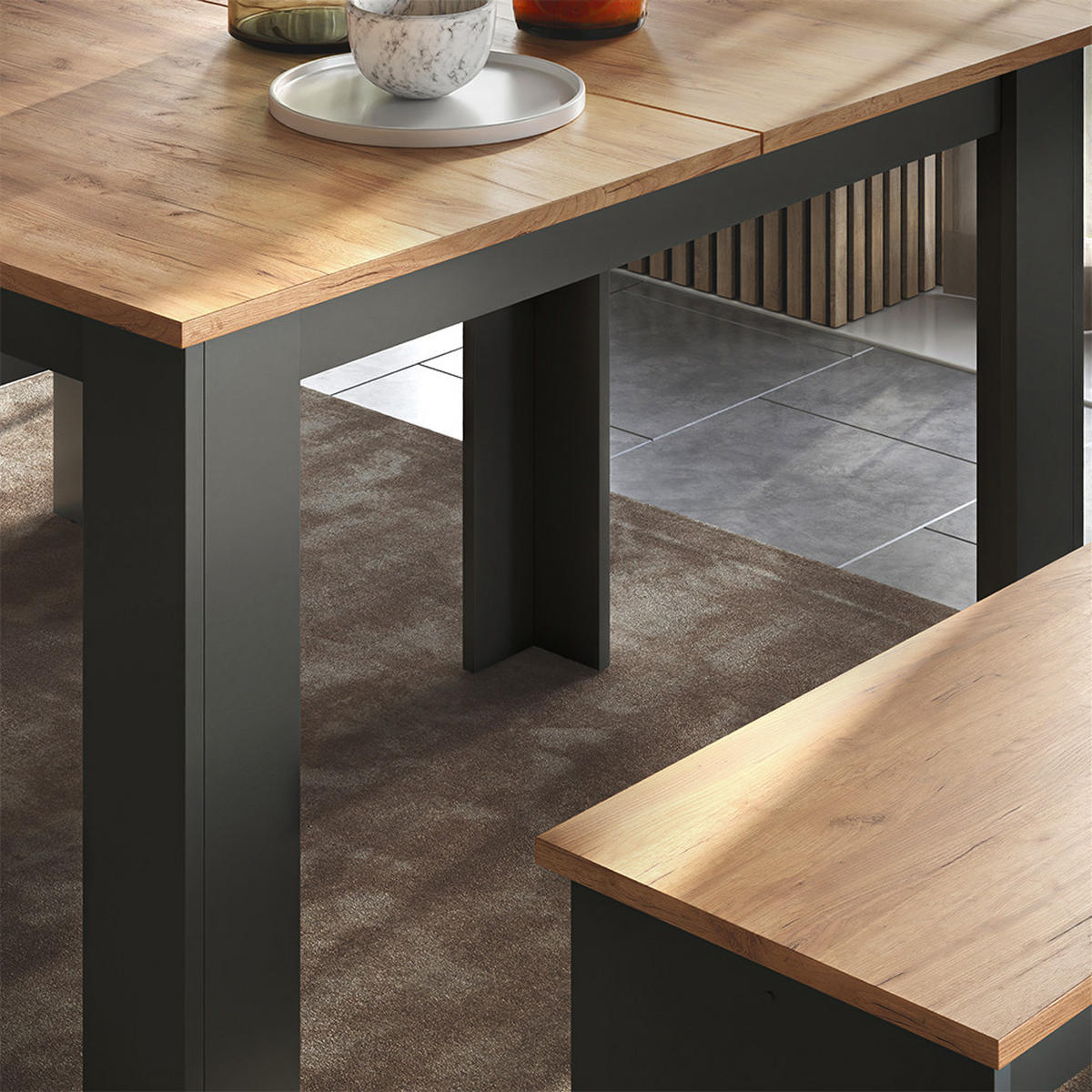 ESSTISCH SET Sentio Anthrazit/Goldkraft Eiche 112 x 73.6 cm mit 2 Bänken - Anthrazit, Holzwerkstoff (112/73/73.6cm) - Vicco