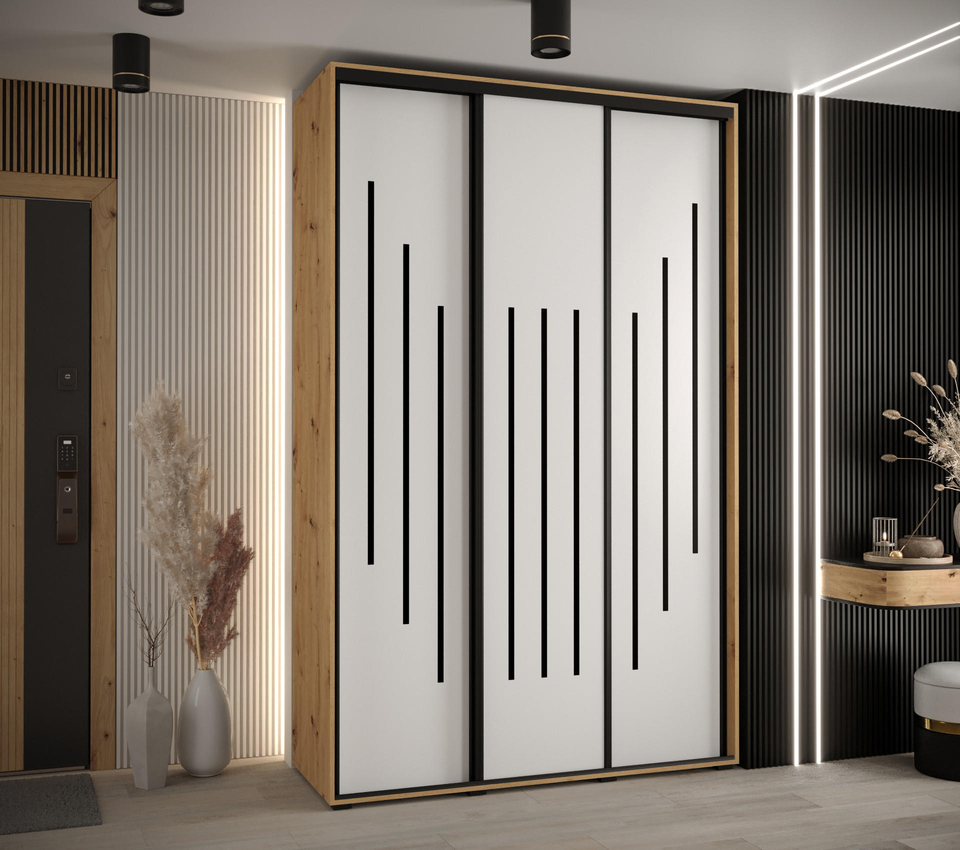 SCHWEBETÜRENSCHRANK 235,2/160/60 3-türig - Schwarz/Eiche Artisan, Holz/Metall (160/235/60cm) - Abiks Möbel