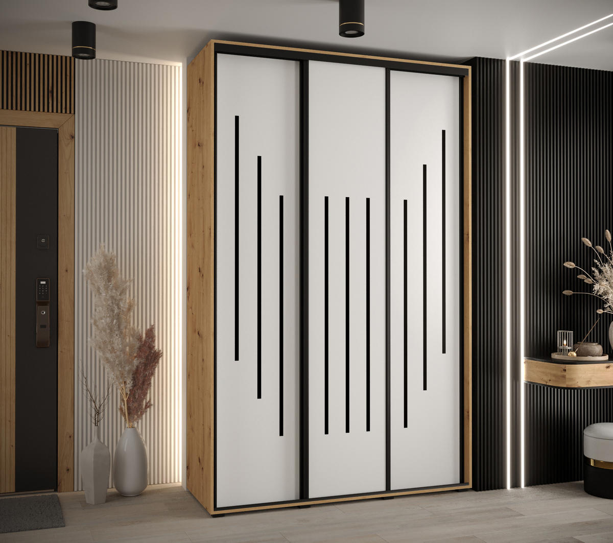 SCHWEBETÜRENSCHRANK 235,2/160/60 3-türig - Schwarz/Eiche Artisan, Holz/Metall (160/235/60cm) - Abiks Möbel