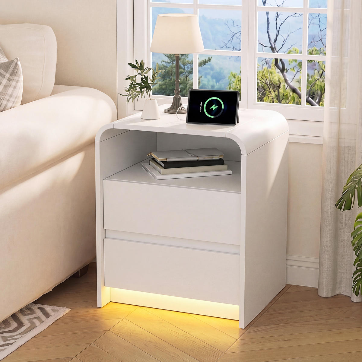 NOČNA omarica, 2-delni komplet z LED osvetlitvijo, vtičnica, bela, stranska mizica - bela, les (40/57/45cm)