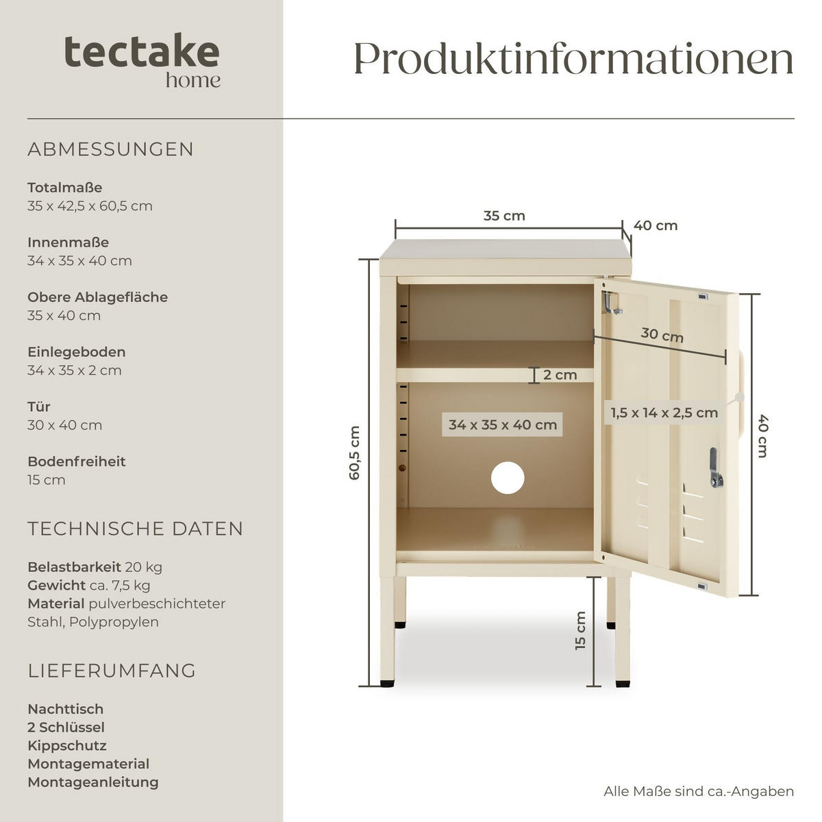 NACHTSCHRANK Baker, Kippschutz, höhenverstellbare Füße, creme - Creme, Metall (35/60.5/42.5cm) - tectake