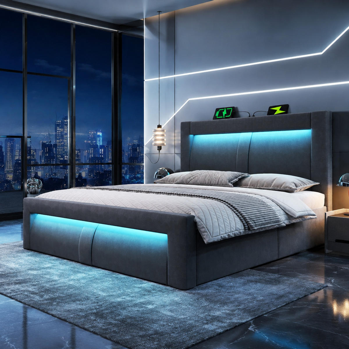 POLSTERBETT 180/200 mit LED, Bettkasten, USB und Type-C-Anschluss in Grau - Grau, Holzwerkstoff/Textil (180/200cm) - EVRYAE