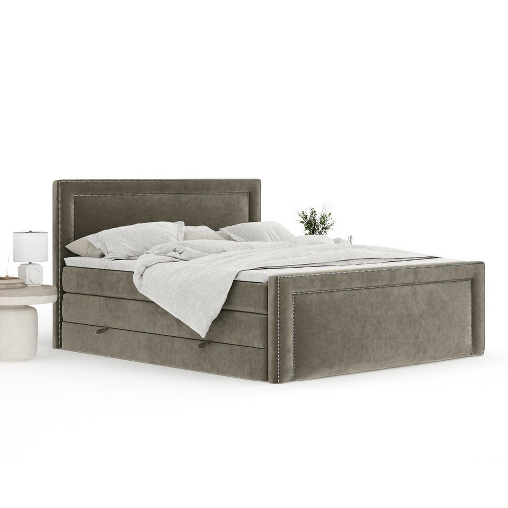 Thumbnail - Maison de Reve Boxspringbett, Taupe, Textil, Buche, Kiefer, H3 + H4, 7-Zonen, Höhe ca. 40 cm, 200x200 cm, Handmade in Eu...