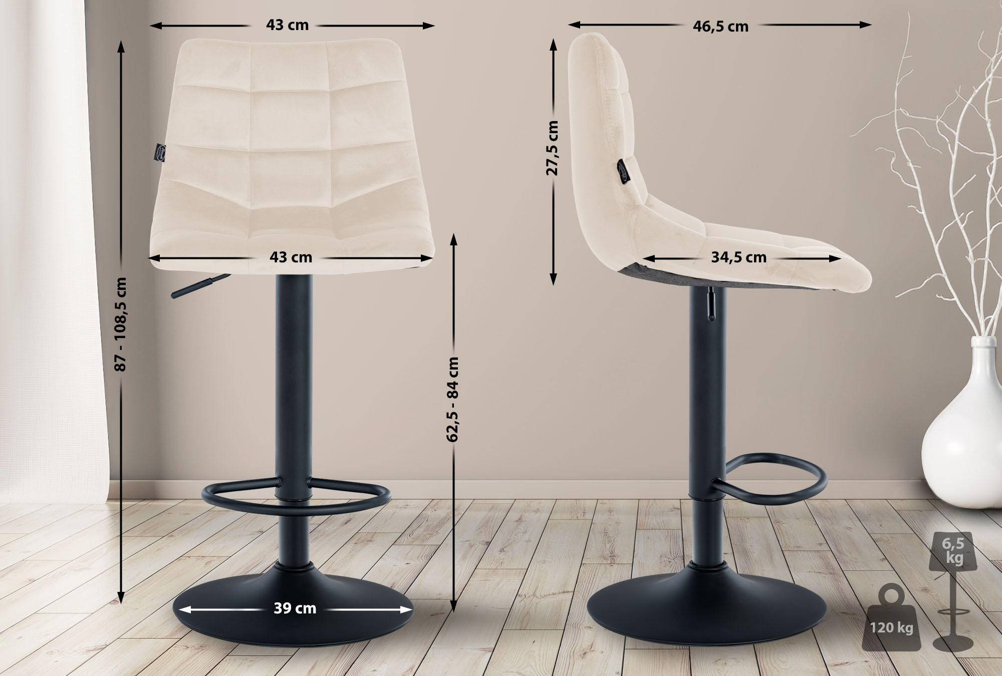 BARHOCKER 2er-Set DUBAI Creme Samt Schwarz - Creme, Textil/Metall (43/87/46.5cm) - DELUKE